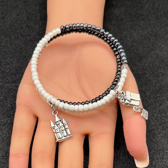 Castle Silver Charm Beaded Bracelet For Women - Picture 1 of 4